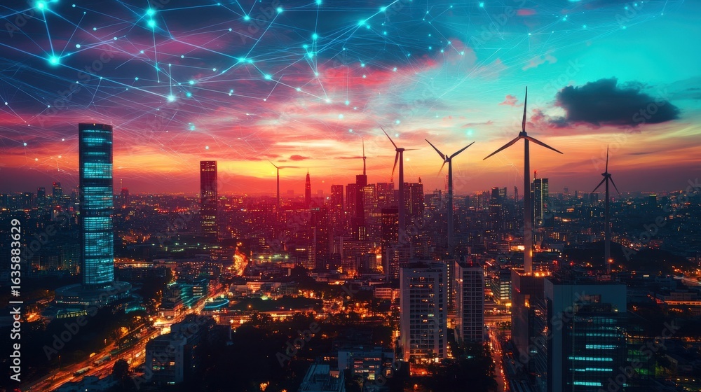 Fototapeta premium Cityscape at twilight, illuminated by wind turbines and network connections.