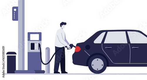 Man refuels car at gas station. Fuel nozzle is in the car's fuel tank. Isolated