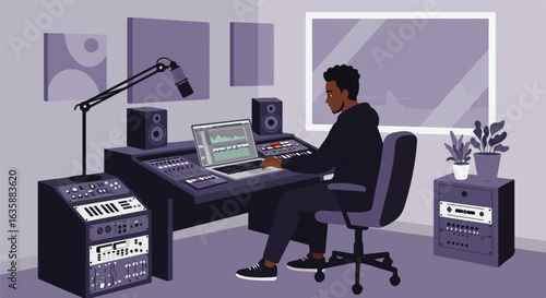 Audio producer mixing songs on laptop at home studio with cityscape view