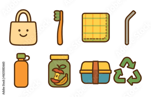 Eco-Friendly Kids Icons. Flat vector mini-illustrations Zero waste lifestyle for kids in colors children's