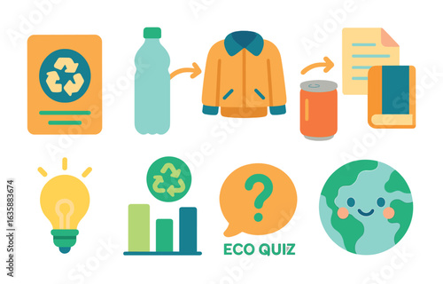 Recycling Transformations for Kids. Flat vector mini-illustrations Fun facts about recycling in colors