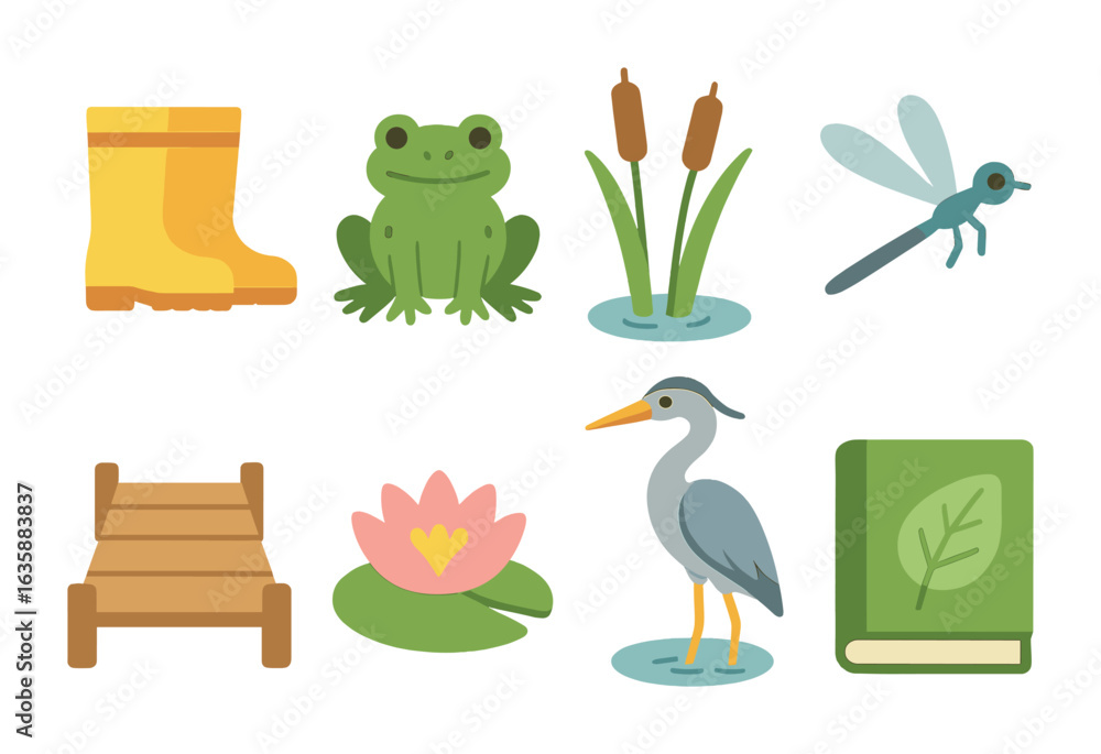 Fototapeta premium Wetland Adventure Icons. Flat vector mini-illustrations Exploring wetlands and rivers in colors children's