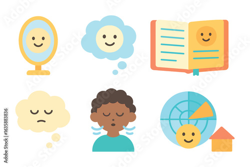 Children's Mindfulness Icons. Flat vector mini-illustrations Self-awareness and reflection in colors