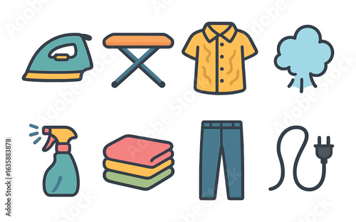 Children's Ironing Illustrations. Flat vector mini-illustrations Ironing clothes in colors children's