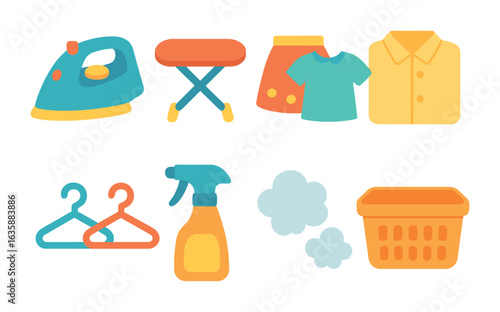Kids Ironing Playset Icons. Flat vector mini-illustrations Fun ironing playset for kids in colors children's