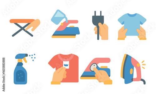 Child's Ironing Prep. Flat vector mini-illustrations Preparing for ironing in colors children's illustrations: