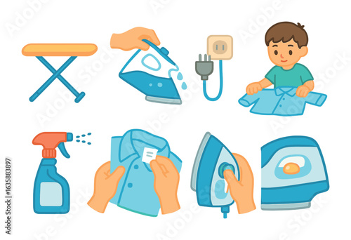 Child's Ironing Prep. Flat vector mini-illustrations Preparing for ironing in colors children's illustrations: