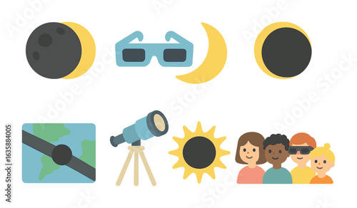 Solar Eclipse Icons. Flat vector mini-illustrations Solar eclipses in colors children's illustrations: dark