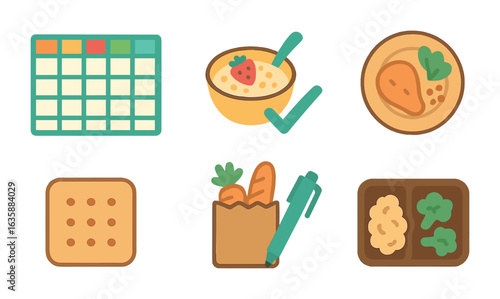 Colorful Meal Planner. Flat vector mini-illustrations Colorful meal planning chart in colors children's