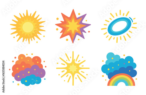 Cosmic Explosions Icons. Flat vector mini-illustrations Cosmic explosions in colors children's illustrations: