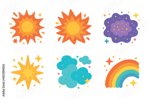 Cosmic Explosions Icons. Flat vector mini-illustrations Cosmic explosions in colors children's illustrations: