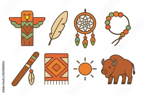 Native American Symbols. Flat vector mini-illustrations Native American storytelling symbols in colors