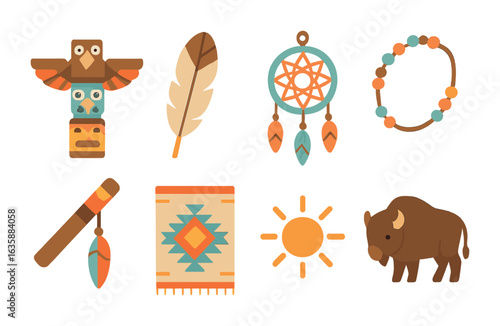 Native American Symbols. Flat vector mini-illustrations Native American storytelling symbols in colors