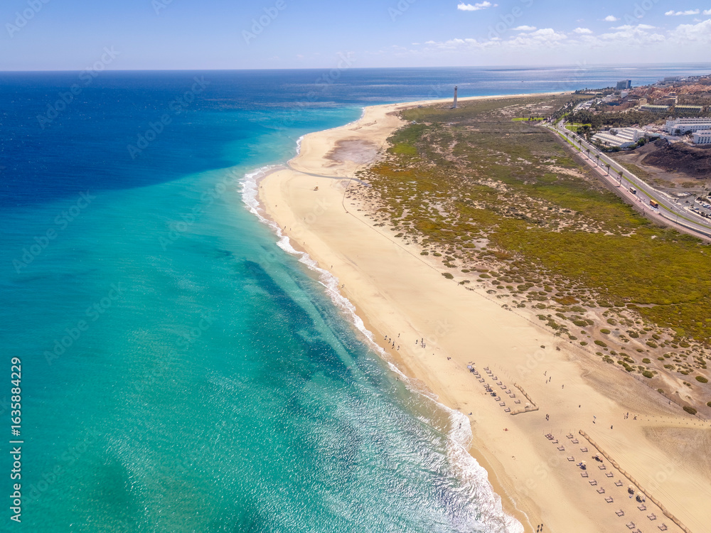 Spain, Canary Islands, Aerial view of Playa de Jandia beach on Fuerteventura island Spain, Canary Islands, Aerial view of Playa de Jandia beach on Fuerteventura island