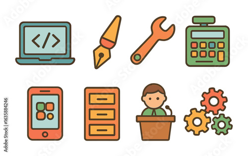 Generational Job Skills. Flat vector mini-illustrations Job skills across generations in colors children's