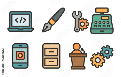 Generational Job Skills. Flat vector mini-illustrations Job skills across generations in colors children's