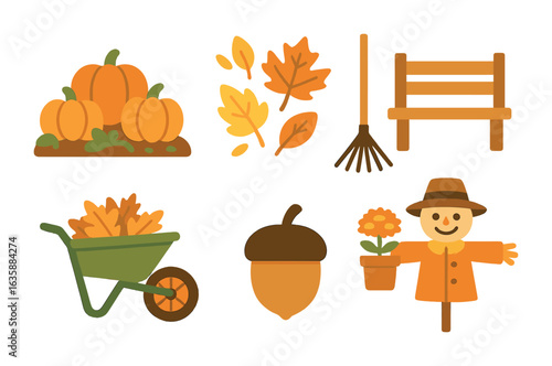 Autumn Garden Icons. Flat vector mini-illustrations Autumn garden design in colors children's illustrations: