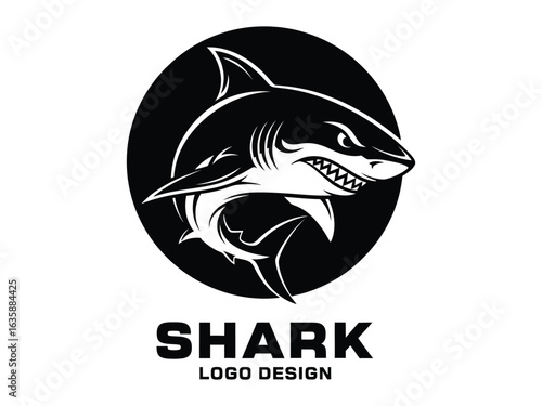 Shark Logo Design: A formidable, black and white illustration showcases a menacing shark, perfect for representing power, precision, and predatory prowess.