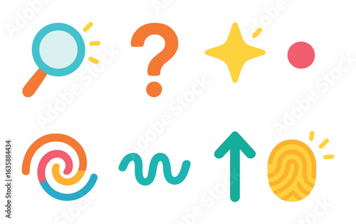 Curiosity Icons Grid. Flat vector mini-illustrations Sparks of curiosity in colors children's illustrations: