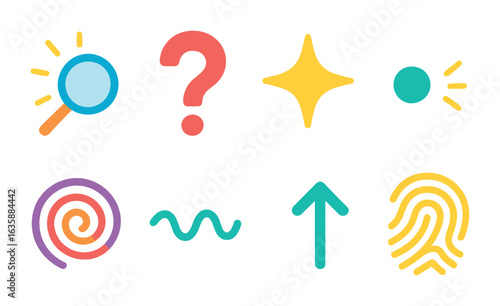 Curiosity Icons Grid. Flat vector mini-illustrations Sparks of curiosity in colors children's illustrations: