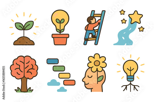 Growth Ideas Icons. Flat vector mini-illustrations Visualization of growth ideas in colors children's