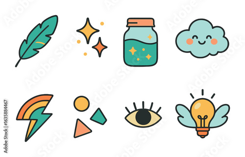Whimsical Icon Grid. Flat vector mini-illustrations Whimsical inspiration icons in colors children's