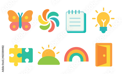 Colorful Transformation Icons. Flat vector mini-illustrations Positive transformation in colors children's
