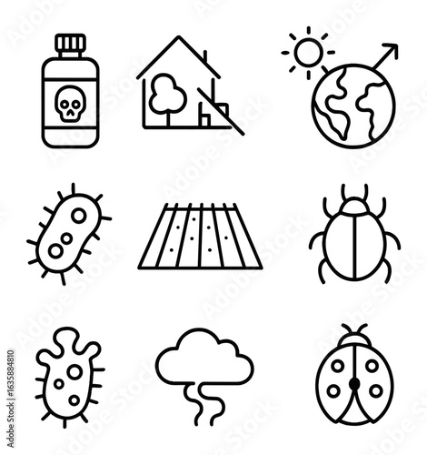 Pollinator Threat Icons. Outline icon set of threats to pollinators: pesticide bottle, habitat loss, climate