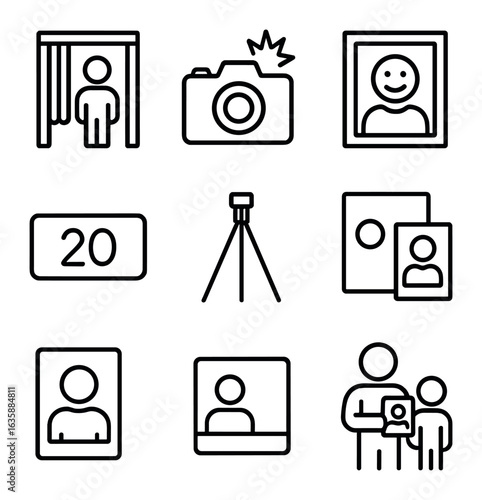 School Photo Icons. Outline icon set of school photo traditions: photo booth, camera flash, smile pose, photo