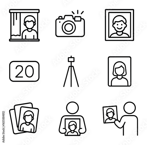 School Photo Icons. Outline icon set of school photo traditions: photo booth, camera flash, smile pose, photo