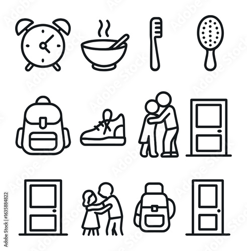 Morning School Routine Icons. Outline icon set of early morning school routine: alarm clock, breakfast bowl,