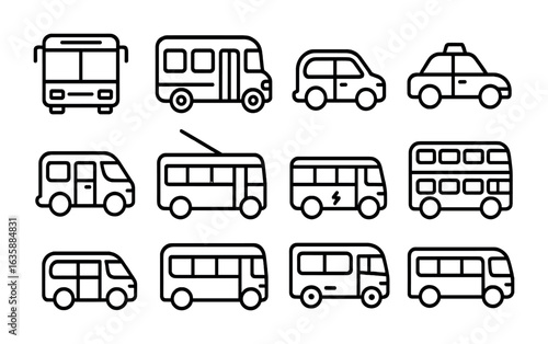 Public Transport Icons. Outline icon set of public transport vehicles: city bus, school bus, minibus, taxi,