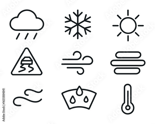 Weather Icons Grid. Outline icon set of weather conditions on the road: rain cloud, snowflake, sun glare, fog