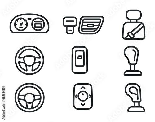 Vehicle Icon Set. Outline icon set of vehicle interior features: dashboard, air vent, seatbelt clip, headrest,