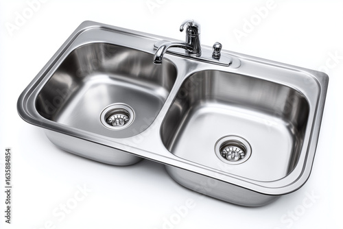 Stainless steel dish washing sink isolated on white background, Selective focus kitchen basin with faucet on white background.