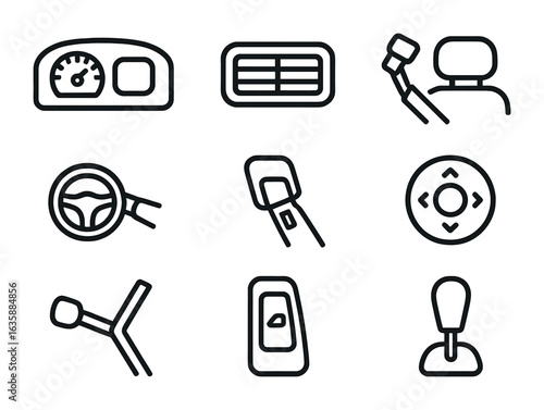 Vehicle Icon Set. Outline icon set of vehicle interior features: dashboard, air vent, seatbelt clip, headrest,
