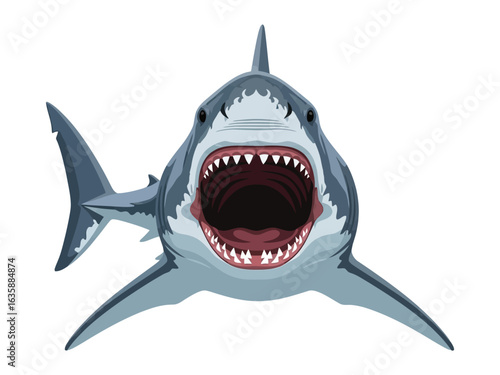 Shark's Jaw: A fierce great white shark, with its jaws wide open in a display of power and predatory instinct, swimming towards the viewer. Capturing the strength and danger of the open ocean.