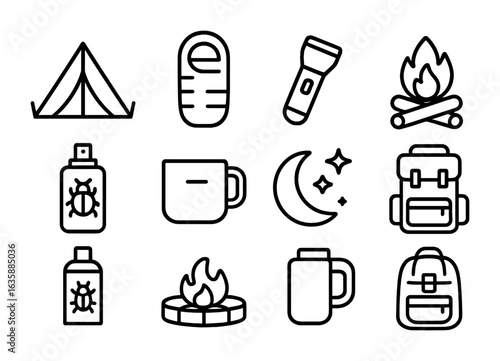 Camping Icon Set. Outline icon set of camping at night: tent, sleeping bag, flashlight, campfire ring, bug