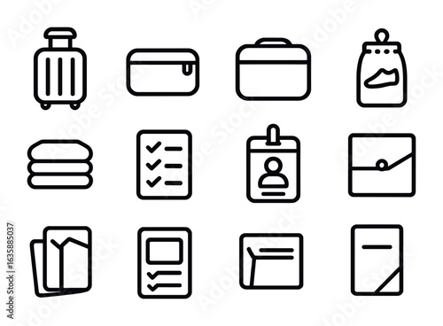 Travel Packing Icons. Outline icon set of travel packing and organizing: suitcase, toiletry bag, packing cube,