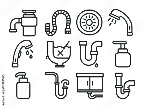 Kitchen Plumbing Icons. Outline icon set of kitchen plumbing fixes: garbage disposal, dishwasher hose, sink