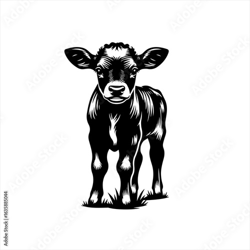 Black and white illustration of a young calf standing on grass