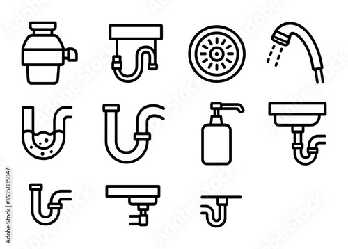 Kitchen Plumbing Icons. Outline icon set of kitchen plumbing fixes: garbage disposal, dishwasher hose, sink