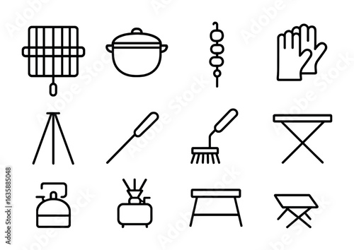 Outdoor Cooking Icons. Outline icon set of outdoor cooking tools: grill grate, cast iron pot, skewer, fire