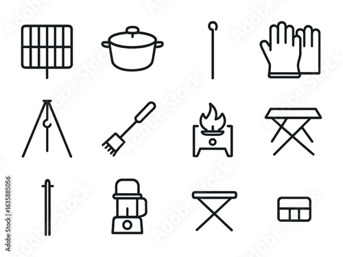 Outdoor Cooking Icons. Outline icon set of outdoor cooking tools: grill grate, cast iron pot, skewer, fire
