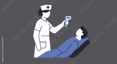 Nurse checks patient temperature using digital thermometer; health illustration