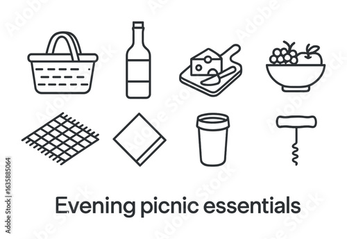 Evening Picnic Essentials. Outline icon set of evening picnic essentials: basket, wine bottle, cheese board,