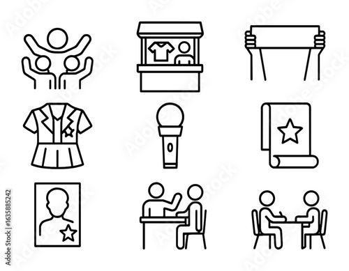 Fan Zone Icons. Outline icon set of fan zone elements: cheering crowd, merchandise stand, fan banner, foam