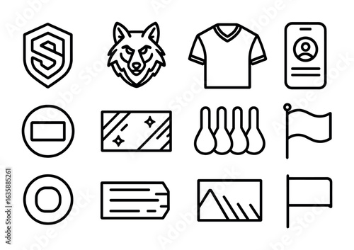 Team Branding Icons. Outline icon set of team branding visuals: team logo, mascot, jersey design, social media