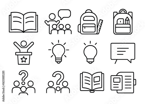 Educational Icons Set. Outline icon set of educational youth outreach: open book, class talk, learning kit,