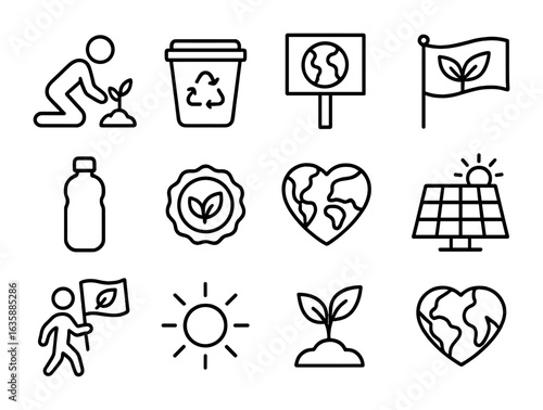 Youth Eco Icon Set. Outline icon set of environmental youth movements: tree planting, recycling bin, climate